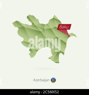 Green gradient low poly map of Azerbaijan with capital Baku Stock Vector