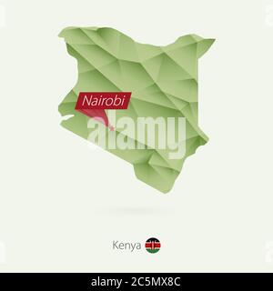 Green gradient low poly map of Kenya with capital Nairobi Stock Vector