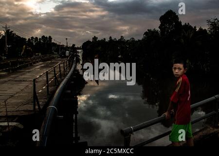 VIETNAM - MEKONG DELTA - THE SUSPENSION OF THE NINE DRAGONS. Portrait of the Mekong Delta region in Vietnam and many environmental issues. VIETNAM - D Stock Photo