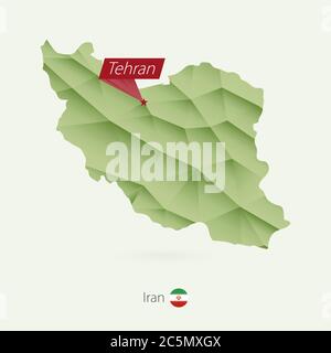 Green gradient low poly map of Iran with capital Tehran Stock Vector