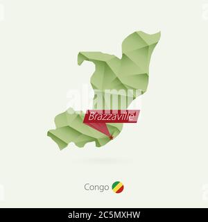 Green gradient low poly map of Congo with capital Brazzaville Stock Vector