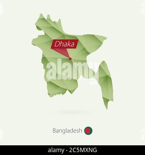 Green gradient low poly map of Bangladesh with capital Dhaka Stock Vector