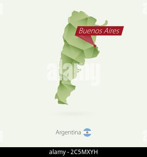 Green gradient low poly map of Argentina with capital Buenos Aires Stock Vector