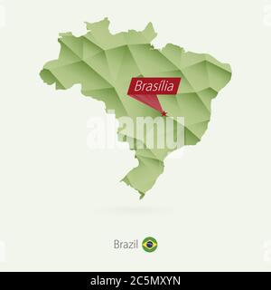 Green gradient low poly map of Brazil with capital Brasilia Stock Vector