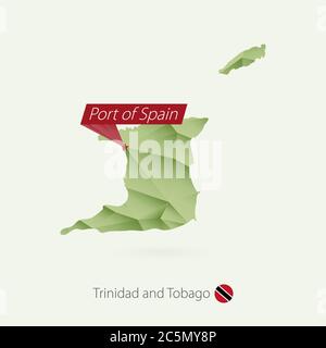 Green gradient low poly map of Trinidad and Tobago with capital Port of Spain Stock Vector