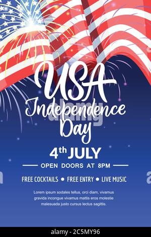 Happy 4th of July, USA Independence Day. Holiday poster, banner background with american flag, fireworks, calligraphy lettering. Vector illustration. Stock Vector