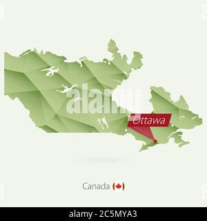 Green gradient low poly map of Canada with capital Ottawa Stock Vector
