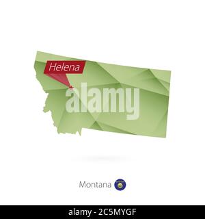 Green gradient low poly map of Montana with capital Helena Stock Vector