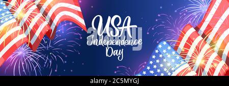 USA Independence Day horizontal banner with copy space. Holiday greeting card background with waving american flag, fireworks, calligraphy lettering. Stock Vector