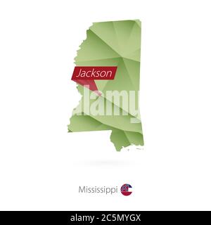 Green gradient low poly map of Mississippi with capital Jackson Stock Vector