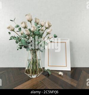 Empty modern white close up poster, style frame with decoration, mock up, vintage poster, vase and white flowers, presentation artwork, white wall Stock Photo