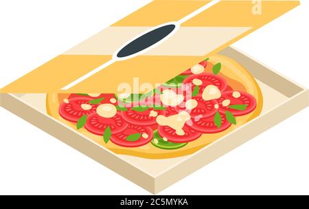 Delicious pizza in box isolated on white background. Vector image. Stock Vector