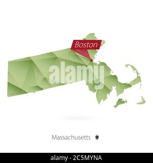 Green gradient low poly map of Massachusetts with capital Boston Stock Vector