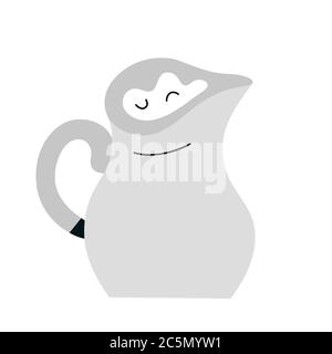 Milkor cream pitcher, white jug, ceramic kitchen crockery, utensil for serving coffee, isolated vector hand drawn illustration on white background Stock Vector