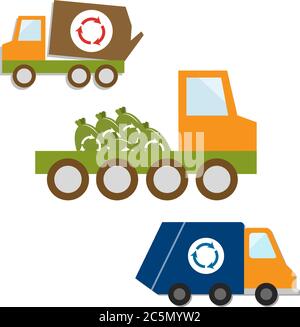 Garbage trucks. Garbage recycling and utilization equipment. Flat vector. Stock Vector