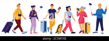 Happy young men and women tourists with baggage, isolated on white background. Vector flat cartoon summer vacation and tourism design elements. Travel Stock Vector