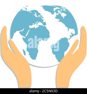 Flat paper cut style icon of two hands holding Earth. Vector illustration. Stock Vector