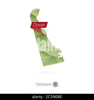 Green gradient low poly map of Delaware with capital Dover Stock Vector