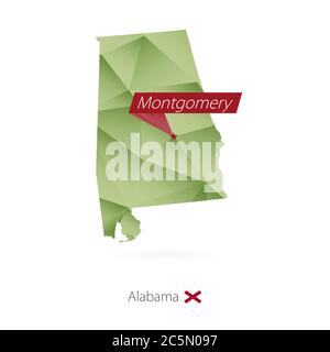 Green gradient low poly map of Alabama with capital Montgomery Stock Vector