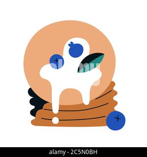 Stack of pancakes decorated with berries and syrup, isolated flat doodle icon, food hand drawn illustration, tasty breakfast, object on white Stock Vector