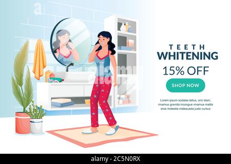 Teeth and mouth home care, morning routine concept. Young woman brushing her teeth in modern bathroom. Vector flat cartoon character illustration. Gir Stock Vector
