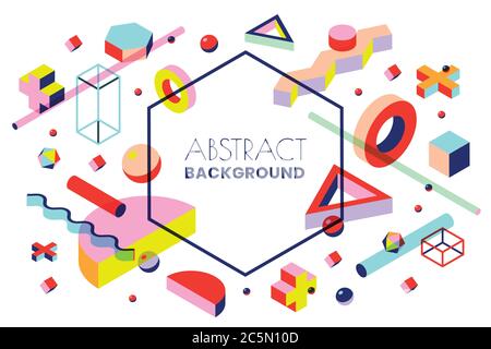 Creative vector frame background with 3d isometric geometric shapes. Vector abstract flat illustration. Memphis style banner, cover or poster design t Stock Vector