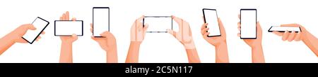 Human hands using and holding smartphones. Touch screen mobile phone with blank display. Mock up, app interface design elements isolated on white back Stock Vector