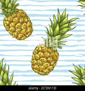 Tropical seamless pattern. Exotic pineapple fruit on blue white watercolor stripes background. Vector hand drawn sketch illustration. Summer design fo Stock Vector
