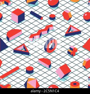 Abstract geometric seamless pattern. Vector 3d isometric shapes on grid background. Colorful cube, cross, triangle, hexagon. Trendy fabric design, fas Stock Vector