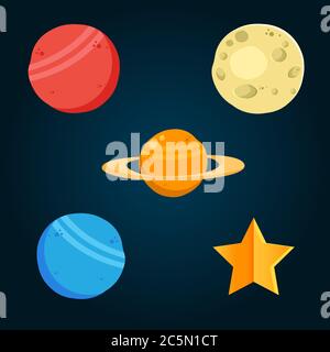 Set of colorful bright planets. Solar system, space with stars. Cute cartoon vector illustration. Stock Vector