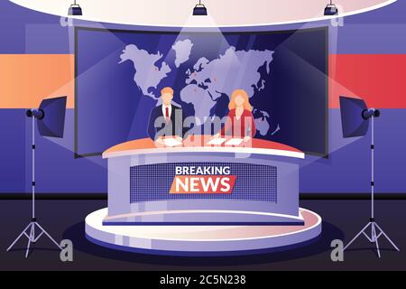 TV breaking news broadcasting, vector illustration. Man and woman media broadcasters talking in television studio. Professional anchormen characters. Stock Vector