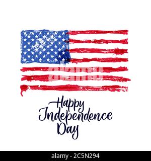 Happy 4th of July, USA Independence Day. Hand drawn calligraphy lettering and american watercolor flag. Vector national holiday patriotic illustration Stock Vector