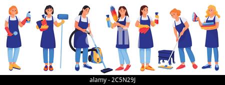 Cleaning service staff team in uniform isolated on white background. Vector flat cartoon character illustration. Women professional housekeeper worker Stock Vector