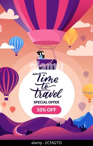 Time to travel banner, poster design template. Couple in hot air balloon in sunset sky, mountain landscape and hand drawn calligraphy lettering. Vecto Stock Vector