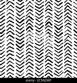 Abstract watercolor herringbone stripes vector seamless pattern. Fashion textile print in black white hatch strokes. Ink texture background. Trendy fa Stock Vector