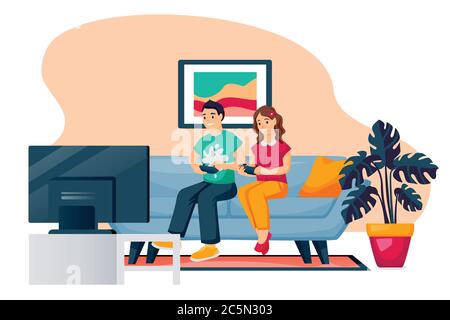 Happy kids play in video game. Little boy and girl with gamepads sit on sofa in playroom in front of TV. Vector characters illustration. Family leisur Stock Vector