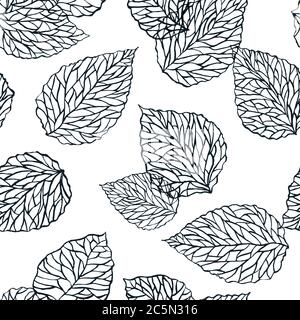 Leaves watercolor black white seamless pattern. Vector hand drawn ink doodle illustration. Trendy scandinavian wallpaper background design. Fashion te Stock Vector