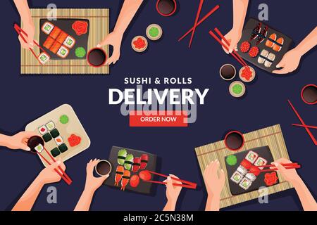 People eating japanese meal with chopsticks. Top view flat cartoon vector illustration of hands and sushi, maki, rolls assortment dishes. Asian restau Stock Vector