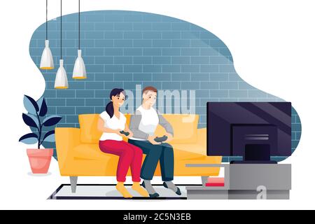 Happy couple play in video game. Young man and woman with gamepads sit on yellow sofa in loft modern room in front of TV. Vector characters illustrati Stock Vector