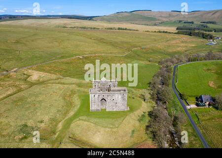 Aerial view of Hermitage castle near  Newcastleton, Liddesdale, Scotland. Stock Photo