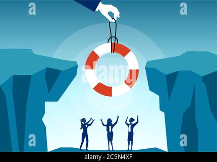 Vector of women trappped in deep abyss gorge being offered a lifebuoy by a businessman Stock Vector