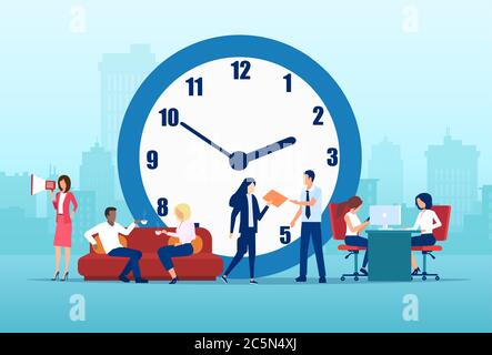 Time management concept. Vector of business people teamworking in company office on a cityskape and clock background Stock Vector