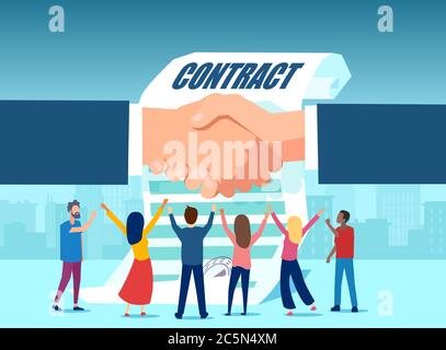 Vector of happy people standing on a background of a businessmen shaking hands and a contract document Stock Vector
