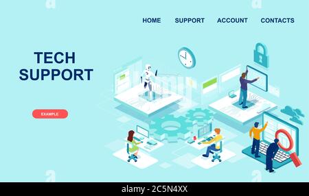 Technical support concept. Vector of IT team and AI offering tech assistance with computer at work. Stock Vector