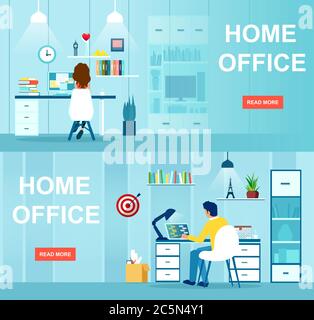 Vector of a man and woman sitting at desk working on the computer from home Stock Vector