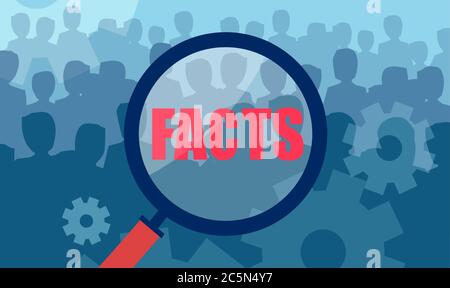 Vector of a magnifying glass over large crowd of people in search for facts Stock Vector