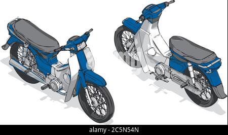 Motor scooter isometric color vector illustration, isometric scooter vector, Blue scooter motorcycle Stock Vector