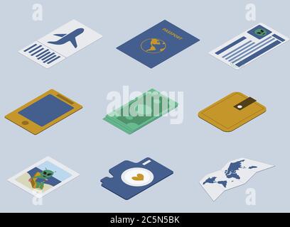 Set of isometric icons things for travelling Stock Vector