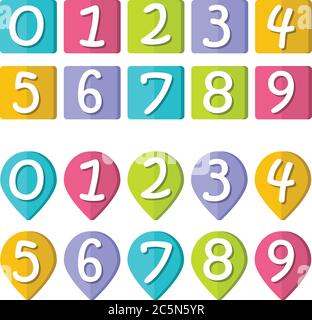 Funny numbers, collection of numbers from 0 to 9, colorful backgrounds. Template for children's games or books, vector illustration Stock Vector