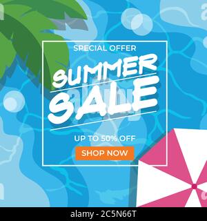 Summer sale illustration with pool scene - sparkling water, palm leaves, umbrella. Vector illustration in flat style Stock Vector